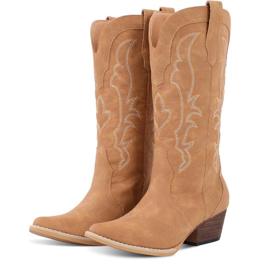 Women's Brown Cowgirl Boots Classic Pointy Toe With Comfortable Chunky Heel